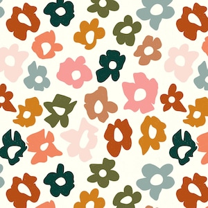 Daisy Fabric - 70s Retro Daisy Floral Boho, Daisy Print - Quilting Cotton, Poplin, Organic Knit, Minky, Linen Canvas Fabric by the Yard.