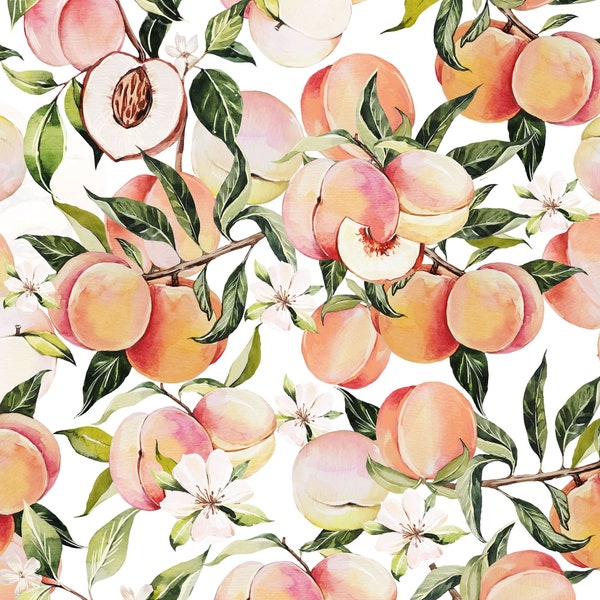 Peaches Botanical Fabric by the Yard. Watercolor Peach Fruit - Quilting Cotton, Poplin, Minky, Home Decor, Upholstery Fabric by the Yard