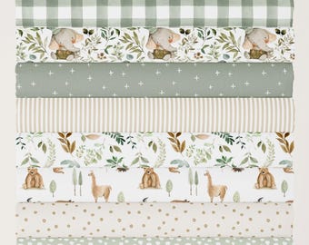 Gender Neutral Fabric Cotton Fat Quarters - 21"W x 18"L. Quilt Cotton in Baby Elephant and Woodland - Neutral and Sage