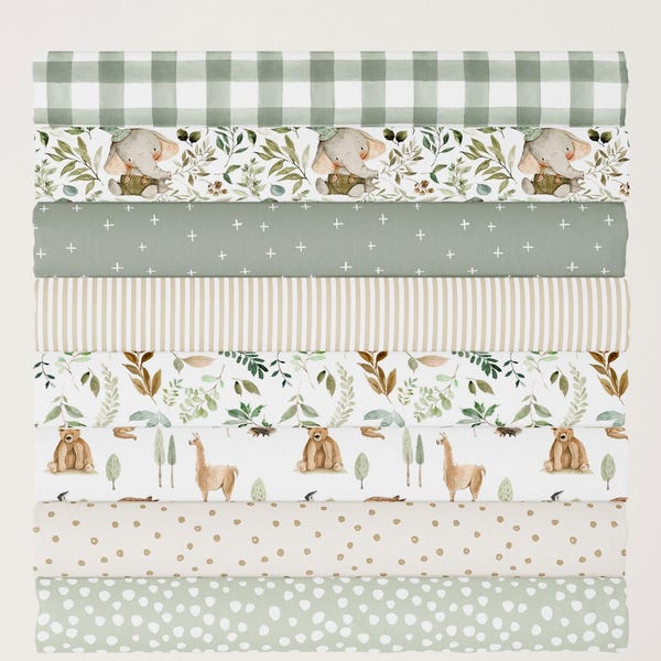 Gender Neutral Fabric Cotton Fat Quarters - 21"W x 18"L. Quilt Cotton in Baby Elephant and Woodland - Neutral and Sage