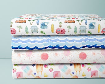 Summer Fun Cotton Fabric - Fat Quarters 21"W x 18"L in Quilt Cotton in Vintage Ocean Beach, Watercolor Waves, Pink Sun and Fruit Popsicles