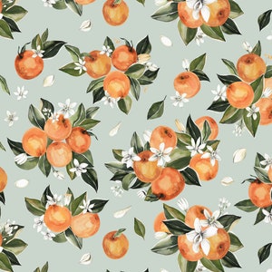 Orange Blossoms Fabric by the Yard. Quilting Cotton, Organic Knit, Jersey, or Minky. Fruit, Citrus, Watercolor, Botanical, Sage, Oranges