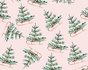 Pink Christmas Fabric - Christmas Travels Sled, Sledding, Snow Adventures - Cotton, Poplin, Fleece, Linen Cotton Canvas Fabric by the Yard