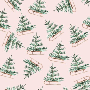 Pink Christmas Fabric - Christmas Travels Sled, Sledding, Snow Adventures - Cotton, Poplin, Fleece, Linen Cotton Canvas Fabric by the Yard