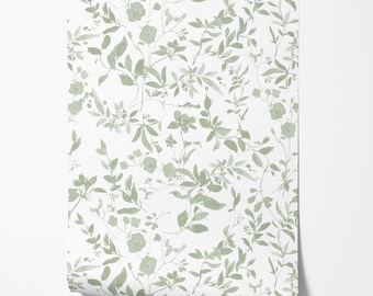 Whimsical Floral Silhouette Wallpaper - Botanical Flowers and Leaves in Soft Green  - Peel and Stick Removable and Prepasted Smooth