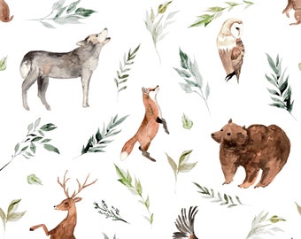 Run Wild Woodland Fabric - Animal Print, Gender Neutral Nursery, Bear, Forest - Quilting Cotton, Sateen, Minky, Fleece Fabric by the Yard