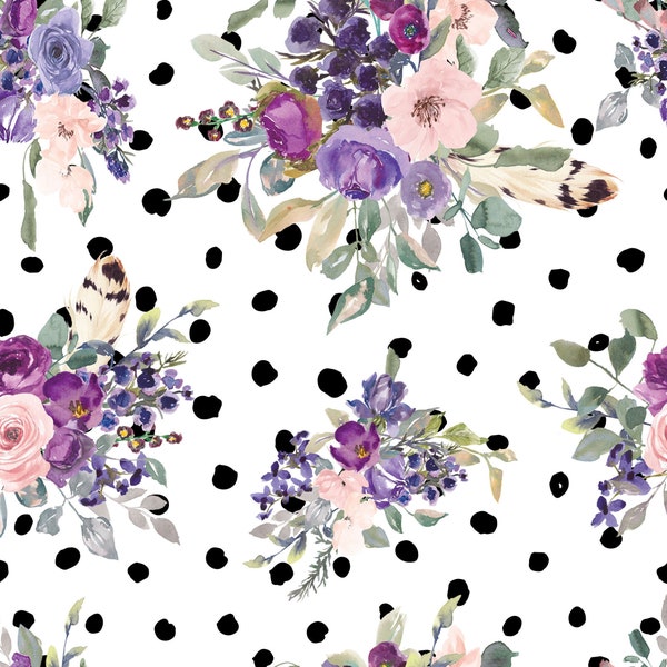 Country Garden Florals Fabric by the Yard. Quilting Cotton, Knit, Jersey, Minky Watercolor Floral, Purple Flowers, Farmhouse, Nursery Fabric