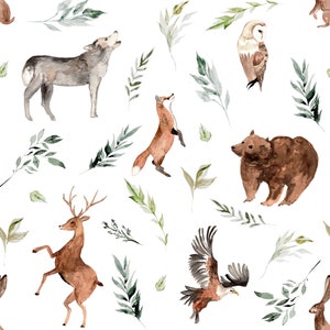 Run Wild Woodland Fabric - Animal Print, Gender Neutral Nursery, Bear, Forest - Quilting Cotton, Sateen, Minky, Fleece Fabric by the Yard