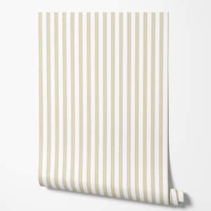 May include: A roll of wallpaper with vertical stripes in beige and white. The wallpaper is partially unrolled, revealing the pattern and the rolled edge. The stripes are evenly spaced and create a classic, clean design.