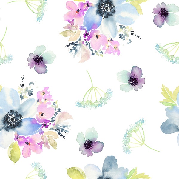 Blue Purple Floral Fabric by the Yard. Ocean Breeze Watercolor Florals, Light Blue, Lavender, Girl Nursery, Spring. Cotton Knit Jersey MInky