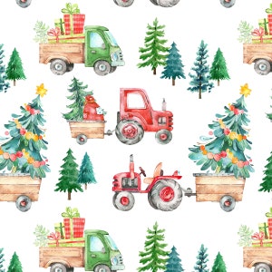 Christmas Tractor Fabric by the Yard. Watercolor Christmas Fabric, Baby Boy, Woodland, Xmas, Farm, Trees. Quilt Cotton, Knit, Jersey, Minky