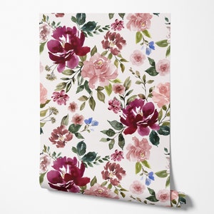 Pink Watercolor Floral Wallpaper, Magenta and Blush Flowers, Painted, Girl Nursery - Peel and Stick Removable and Prepasted Smooth