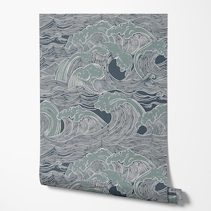 May include: Blue and white wallpaper with a repeating pattern of stylized waves. The waves are outlined in white and filled with a light blue color.
