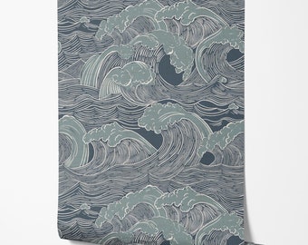 Vintage Waves Wallpaper, Coastal, Beach, Ocean - Peel and Stick Removable and Prepasted Smooth