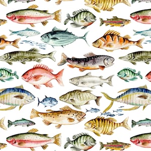 May include: A watercolor illustration featuring a variety of colorful fish, including trout, perch, and tuna. The fish are arranged in a repeating pattern on a white background.