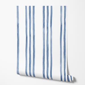 Blue Striped Wallpaper, Watercolor Stripes, Coastal, Minimalist, Peel and Stick Removable and Prepasted Smooth Wallpaper