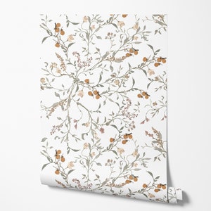 Dainty Botanical Fruit Wallpaper - Vintage Orange Blossoms, Neutral Leaves, Greenery  - Peel and Stick Removable and Prepasted Smooth