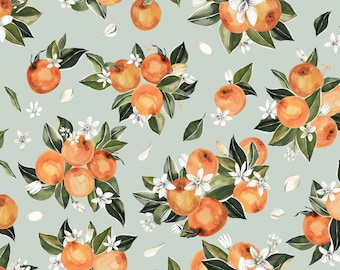 Orange Blossoms Fabric by the Yard. Quilting Cotton, Organic Knit, Jersey, or Minky. Fruit, Citrus, Watercolor, Botanical, Sage, Oranges