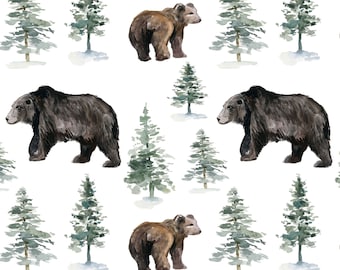 Bear Fabric - Woodland Bears and Trees, Nursery, Forest Animals - Quilting Cotton, Sateen, Minky, Fleece, Cotton Canvas Fabric by the Yard