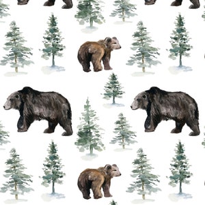 Bear Fabric - Woodland Bears and Trees, Nursery, Forest Animals - Quilting Cotton, Sateen, Minky, Fleece, Cotton Canvas Fabric by the Yard