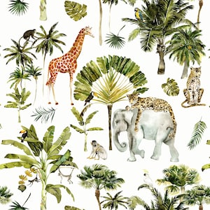 May include: Watercolor illustration of a jungle scene with palm trees, giraffes, leopards, monkeys, toucans, parrots, and an elephant. The design features a repeating pattern of tropical animals and foliage on a white background.