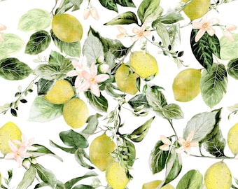 Lemon Fabric by the Yard - Watercolor Lemons and Floral Blossoms, Botanical - Quilting Cotton, Organic Knit, Jersey, or Minky