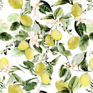 Lemon Fabric by the Yard - Watercolor Lemons and Floral Blossoms, Botanical - Quilting Cotton, Organic Knit, Jersey, or Minky