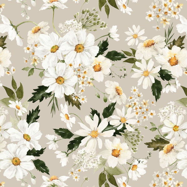 Daisy Floral Fabric by the Yard. Quilting Cotton, Poplin, Organic Knit, Jersey or Minky. Girl Nursery Fabric, Daisies, Watercolor Flowers