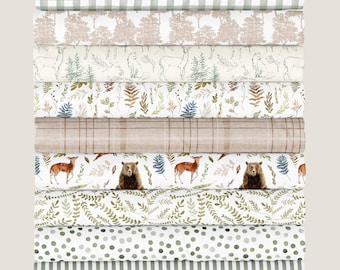 Woodland Fabric Cotton Fat Quarters - 21"W x 18"L. Quilt Cotton in Woodland Storybook - Neutral and Sage