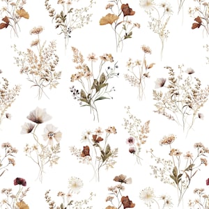May include: A seamless pattern featuring watercolor illustrations of various dried flowers and plants in shades of brown, beige, and white on a white background.