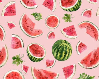 Watermelon Summer Fruit Fabric by the Yard. Quilting Cotton, Sateen, Poplin, Organic Knit, Minky, Home Decor. Tropical, Pink Watermelons
