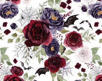 Halloween Floral Fabric by the Yard. Spooky, Botanical, Spider Webs, Spiders, Bats, Flower Fabric, Fall. Quilt Cotton, Minky, Knit, Jersey