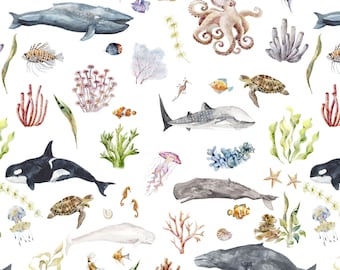 Nautical Whale Fabric by the Yard. Quilting Cotton, Knit, Jersey or Minky. Beach Whales Octopus Dolphins Marine Ocean Gender Neutral Nursery