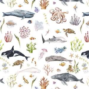 Nautical Whale Fabric by the Yard. Quilting Cotton, Knit, Jersey or Minky. Beach Whales Octopus Dolphins Marine Ocean Gender Neutral Nursery