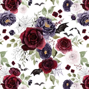 Halloween Floral Fabric by the Yard. Spooky, Botanical, Spider Webs, Spiders, Bats, Flower Fabric, Fall. Quilt Cotton, Minky, Knit, Jersey