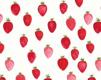 Watercolor Strawberries Fabric - Strawberry Fruit, Food, Red - Quilting Cotton, Poplin, Sateen, Home Decor, Upholstery Fabric by the Yard