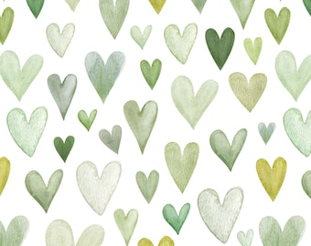 Sage Hearts Fabric by the Yard. Quilting Cotton, Organic Knit, Jersey or Minky. Love, Girl Nursery, Green, Watercolor Heart Valentine's Day