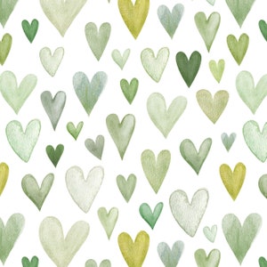 Sage Hearts Fabric by the Yard. Quilting Cotton, Organic Knit, Jersey or Minky. Love, Girl Nursery, Green, Watercolor Heart Valentine's Day