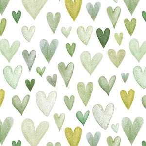 Sage Hearts Fabric by the Yard. Quilting Cotton, Organic Knit, Jersey or Minky. Love, Girl Nursery, Green, Watercolor Heart Valentine&#39;s Day