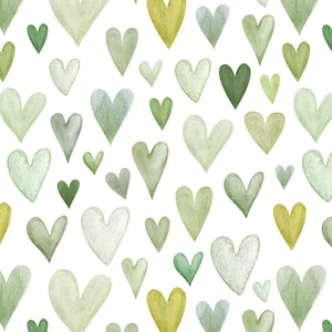 Sage Hearts Fabric by the Yard. Quilting Cotton, Organic Knit, Jersey or Minky. Love, Girl Nursery, Green, Watercolor Heart Valentine's Day