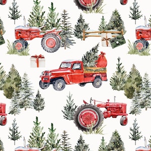 Vintage Christmas Fabric - Red Trucks and Tractors, Woodland, Holidays - Quilting Cotton, Jersey Knit, Minky, Fleece Fabric by the Yard