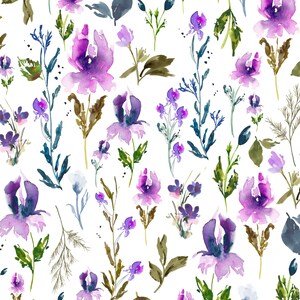 May include: Watercolor floral pattern featuring purple and violet flowers with green leaves and stems on a white background. The design includes various floral elements, creating a seamless and artistic botanical print.