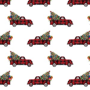 Vintage Christmas Trucks Fabric - Xmas, Holidays, Christmas Tree, Plaid - Cotton, Organic Knit, Minky, Fleece, Home Decor Fabric by the Yard