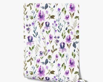Iris Watercolor Floral Wallpaper - Purple Lavender Flowers, Botanical  - Peel and Stick Removable and Prepasted Smooth