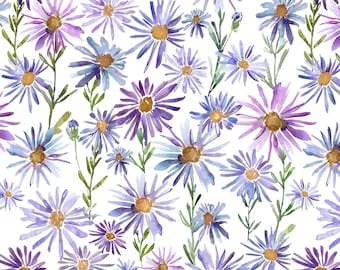 Luna Watercolor Floral Fabric by the Yard. Aster Daisy Flowers in Lavender Purple. Quilting Cotton, Poplin, Home Decor, Upholstery.