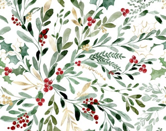 Mistletoe and Holly Foliage Fabric - Watercolor Christmas Florals, Holidays - Quilting Cotton, Poplin, Minky, Home Decor Fabric by the Yard