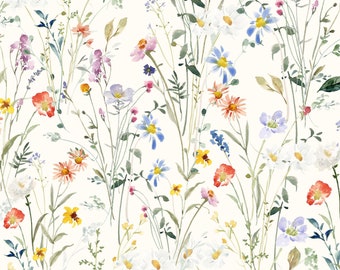 May include: A watercolor painting of a field of wildflowers in shades of blue, pink, yellow, and orange. The flowers are arranged in a random pattern and are set against a white background.