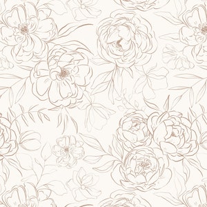 Botanical Floral Fabric in Quilting Cotton, Organic Knit, Jersey or Minky. Peony Florals, Nature, Line Art, Earth Tones