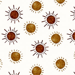 Golden Suns Fabric by the Yard. Sun, Sunshine, Summer, Watercolor, Bohemian. Quilting Fabric, OrganicKnit, Jersey or Minky