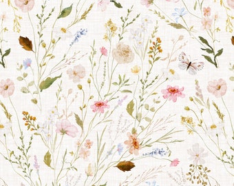 May include: A seamless pattern featuring delicate watercolor illustrations of pink, white, and blue flowers, leaves, and butterflies on a white linen background.